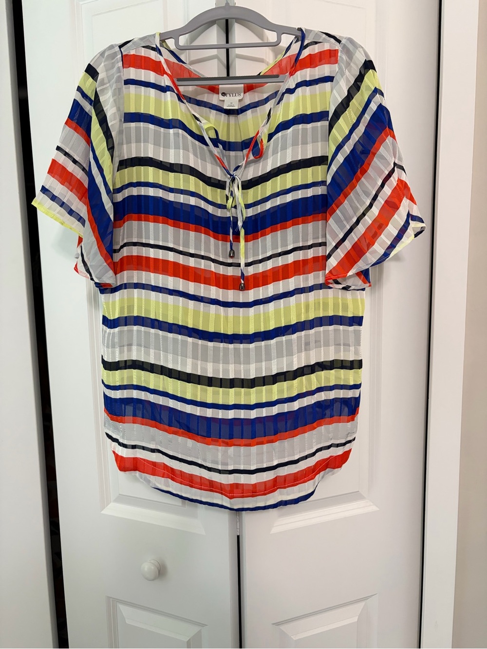 STYLUS Multicolor Striped Short Sleeve Blouse - White, Blue, Red, Yellow, Black